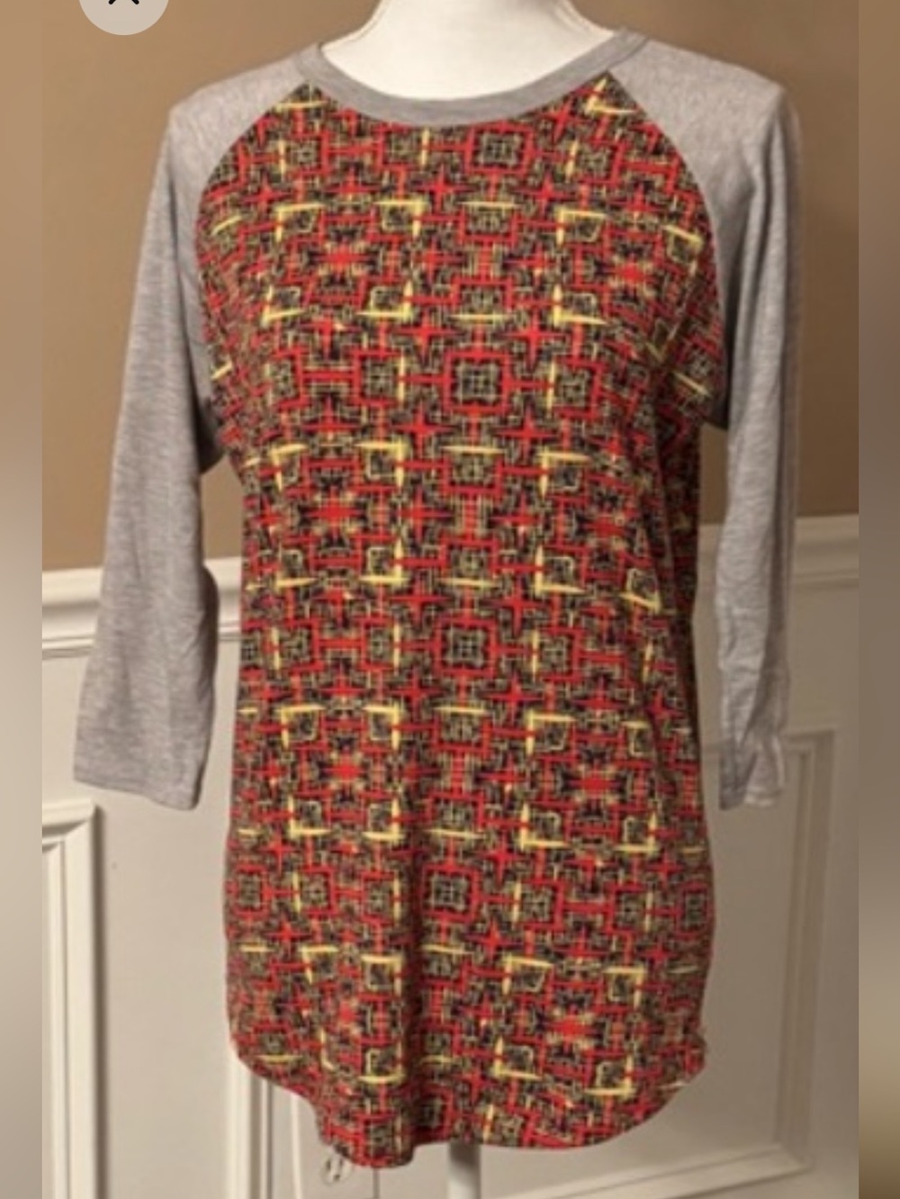 LuLaRoe Randy Raglan Tee - Red/Yellow Geometric Grid Print - Size Small